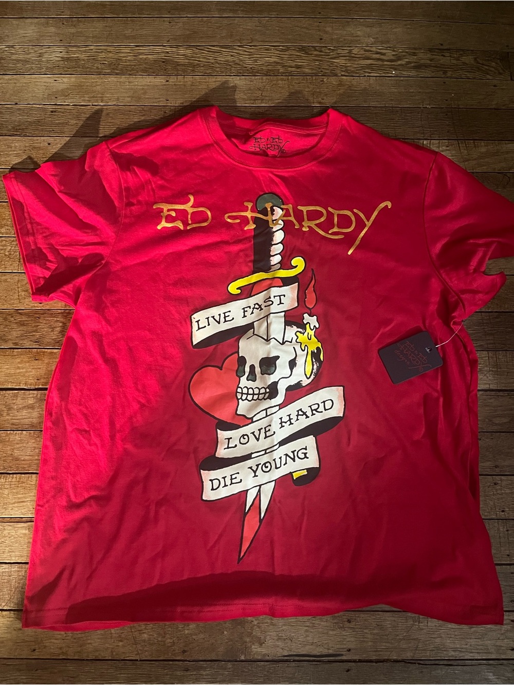 Ed Hardy Red Short Sleeve Tee with Skull and Dagger Graphic